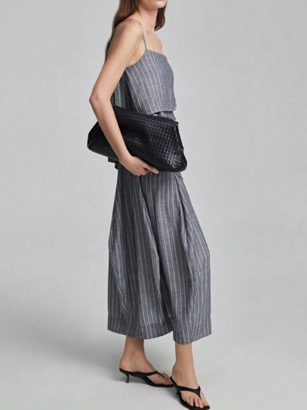 Gray Pinstripe Tiered Cami Top & Maxi Skirt Set